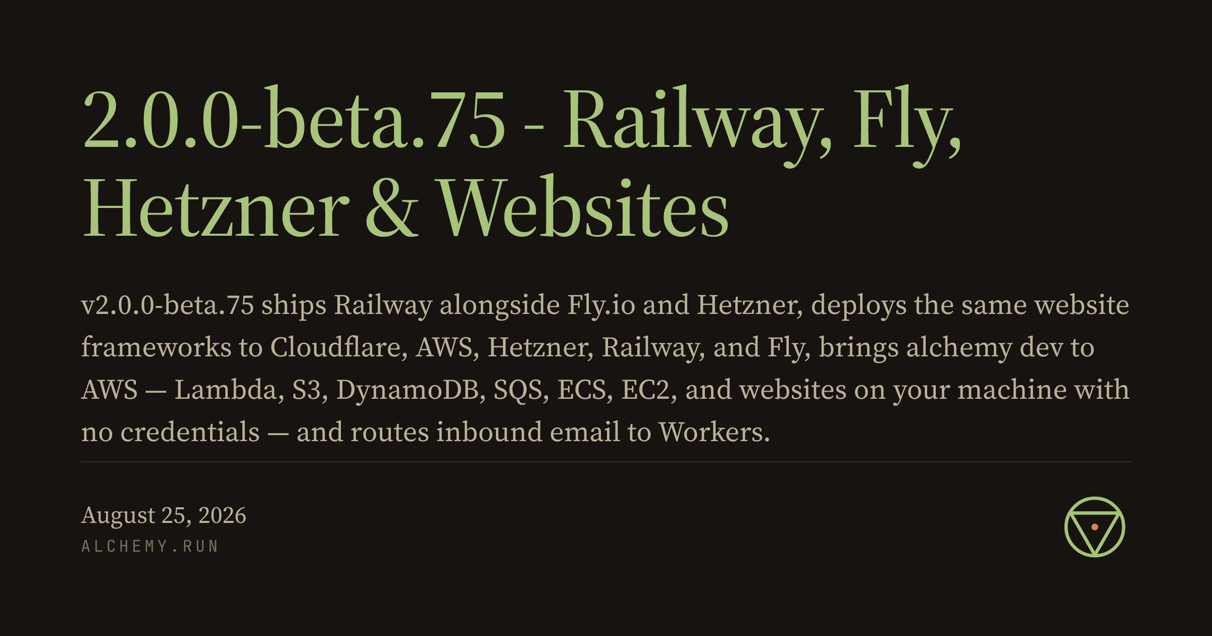 Alchemy — 2.0.0-beta.75 - Railway, Fly, Hetzner & Websites